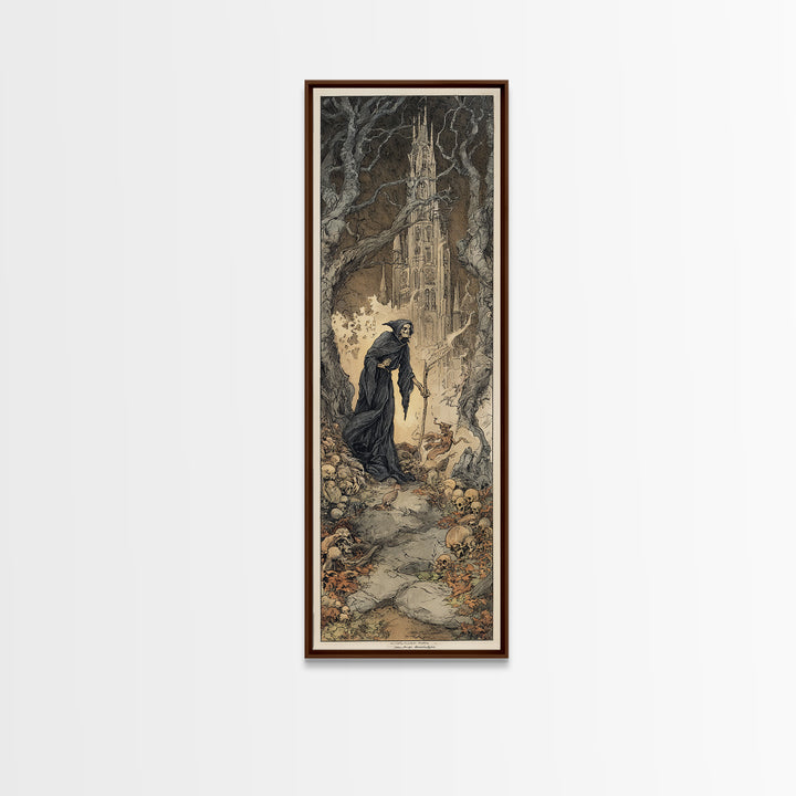 The Cathedral Of Bones, Gothic Storybook Art, Tall Narrow Wall Art, Macabre Wall Art, Canvas Print, Halloween Wall Art