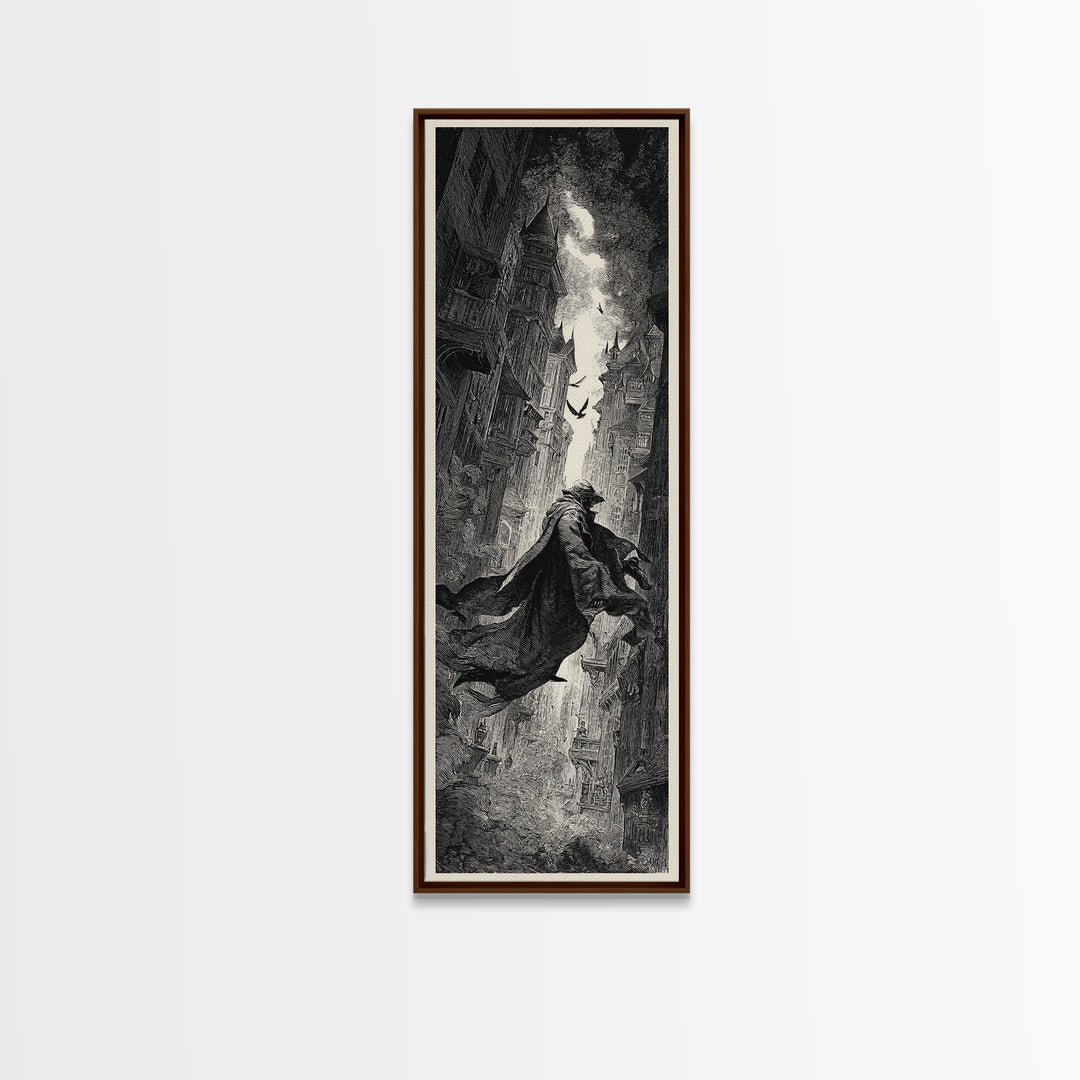 The Town Where Shadows Live, Gothic Engraving Art, Tall Narrow Wall Art, Dark Fantasy Wall Art, Canvas Print, Halloween Wall Art