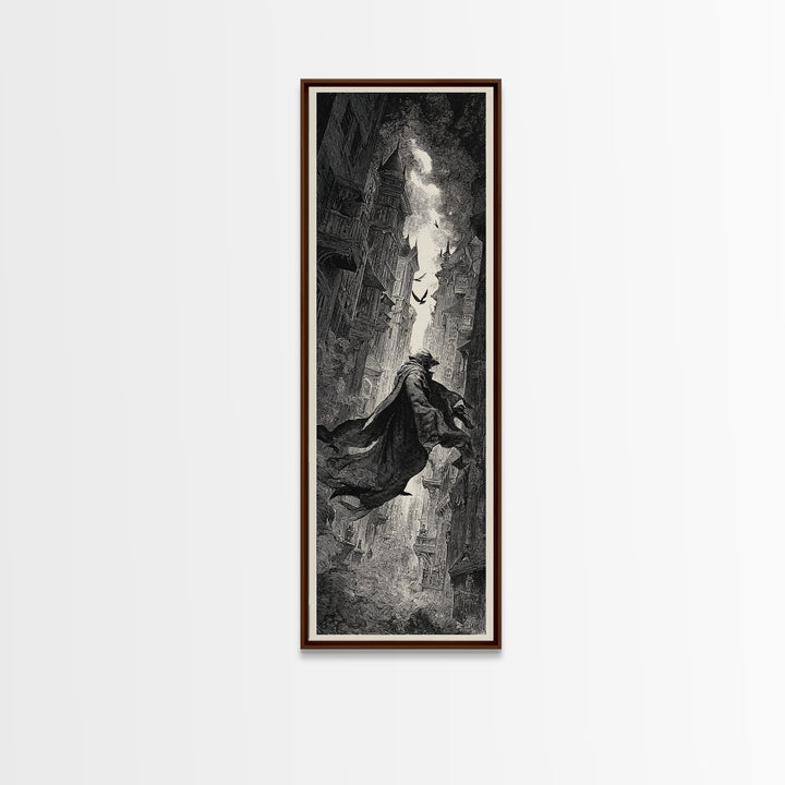The Town Where Shadows Live, Gothic Engraving Art, Tall Narrow Wall Art, Dark Fantasy Wall Art, Canvas Print, Halloween Wall Art