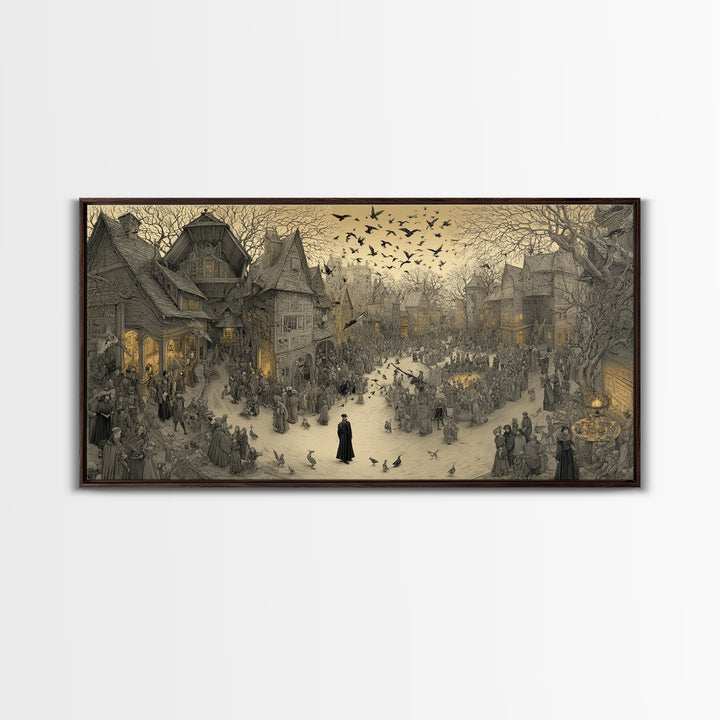 The Town Where Shadows Live, Northern Renaissance Horror, Wide Panoramic Art, Gothic Horror Wall Art, Framed Canvas Print