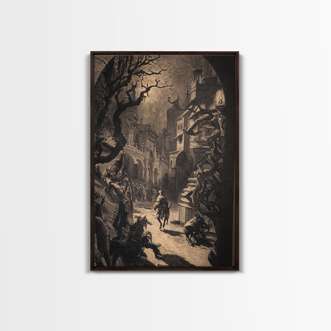 The Town Where Shadows Live, Renaissance Engraving Art, Vertical Wall Art, Dark Fantasy Wall Art, Canvas Print, Halloween Wall Art