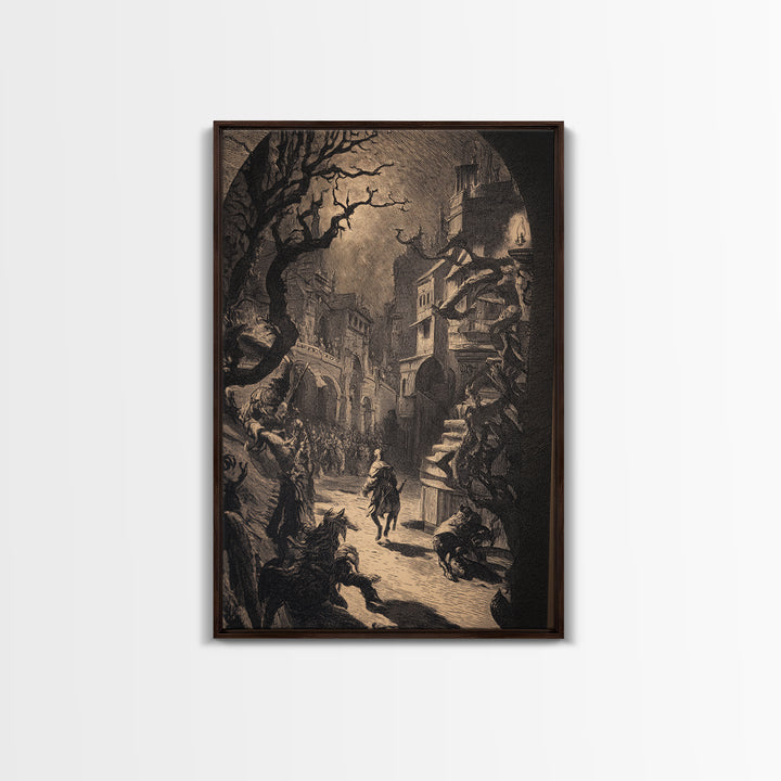 The Town Where Shadows Live, Renaissance Engraving Art, Vertical Wall Art, Dark Fantasy Wall Art, Canvas Print, Halloween Wall Art