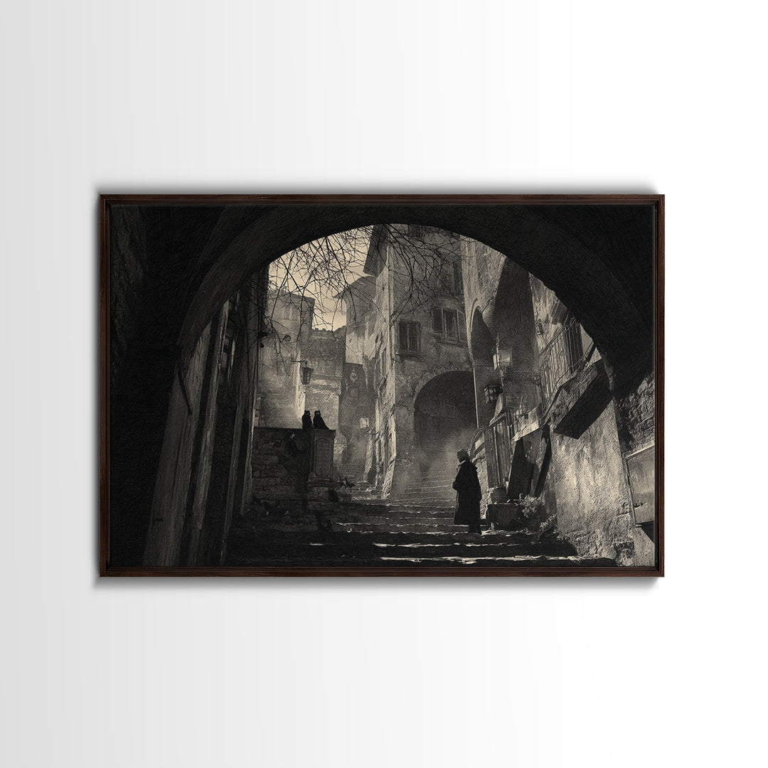 The Town Where Shadows Live, Architectural Etching Art, Landscape Wall Art, Dark Halloween Decor, Canvas Print