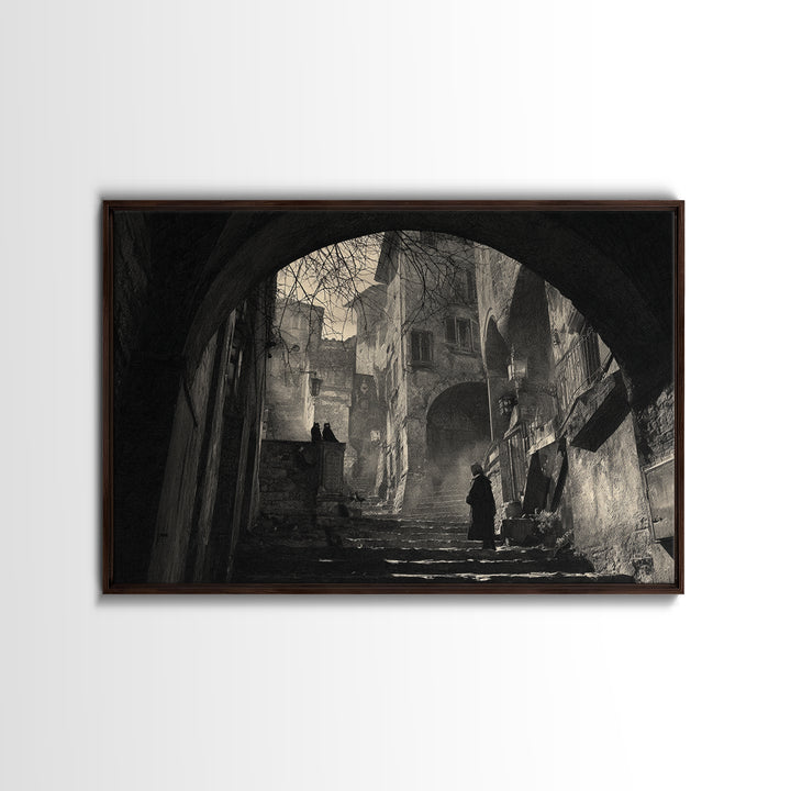 The Town Where Shadows Live, Architectural Etching Art, Landscape Wall Art, Dark Halloween Decor, Canvas Print