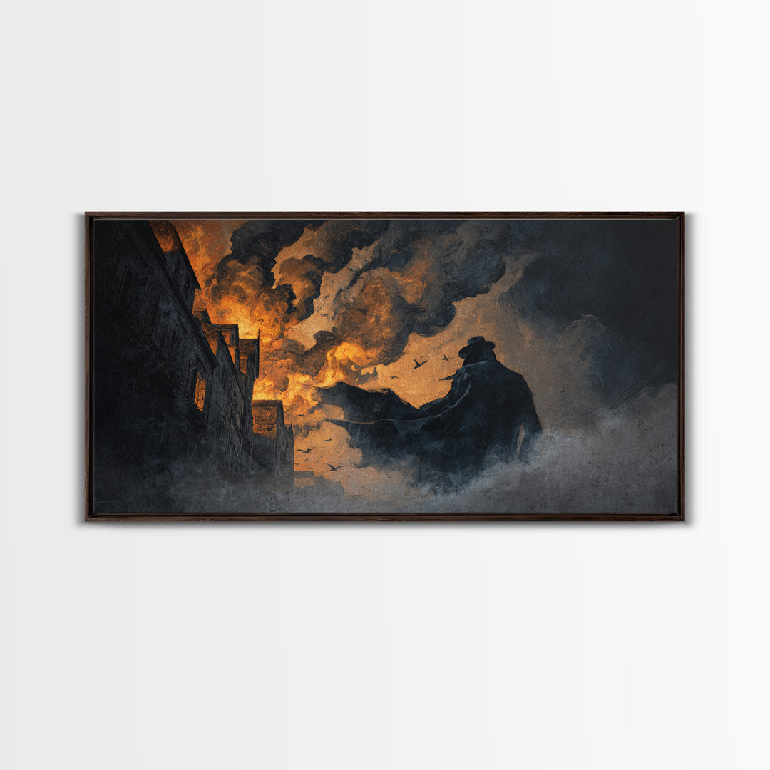 The Town Where Shadows Live, Apocalyptic Romantic Art, Wide Panoramic Art, Macabre Wall Art, Framed Canvas Print, Halloween Wall Art