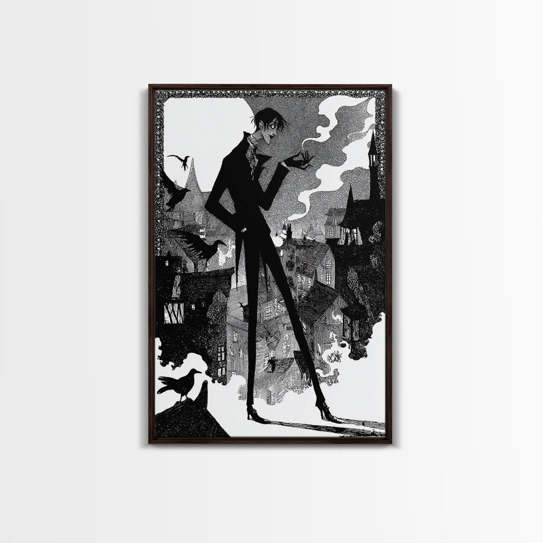 The Town Where Shadows Live, Decadent Line Art, Vertical Wall Art, Dark Halloween Decor, Framed Canvas Print, Halloween Wall Art