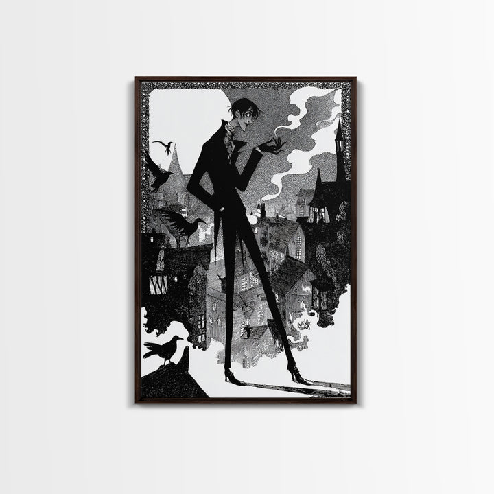 The Town Where Shadows Live, Decadent Line Art, Vertical Wall Art, Dark Halloween Decor, Framed Canvas Print, Halloween Wall Art