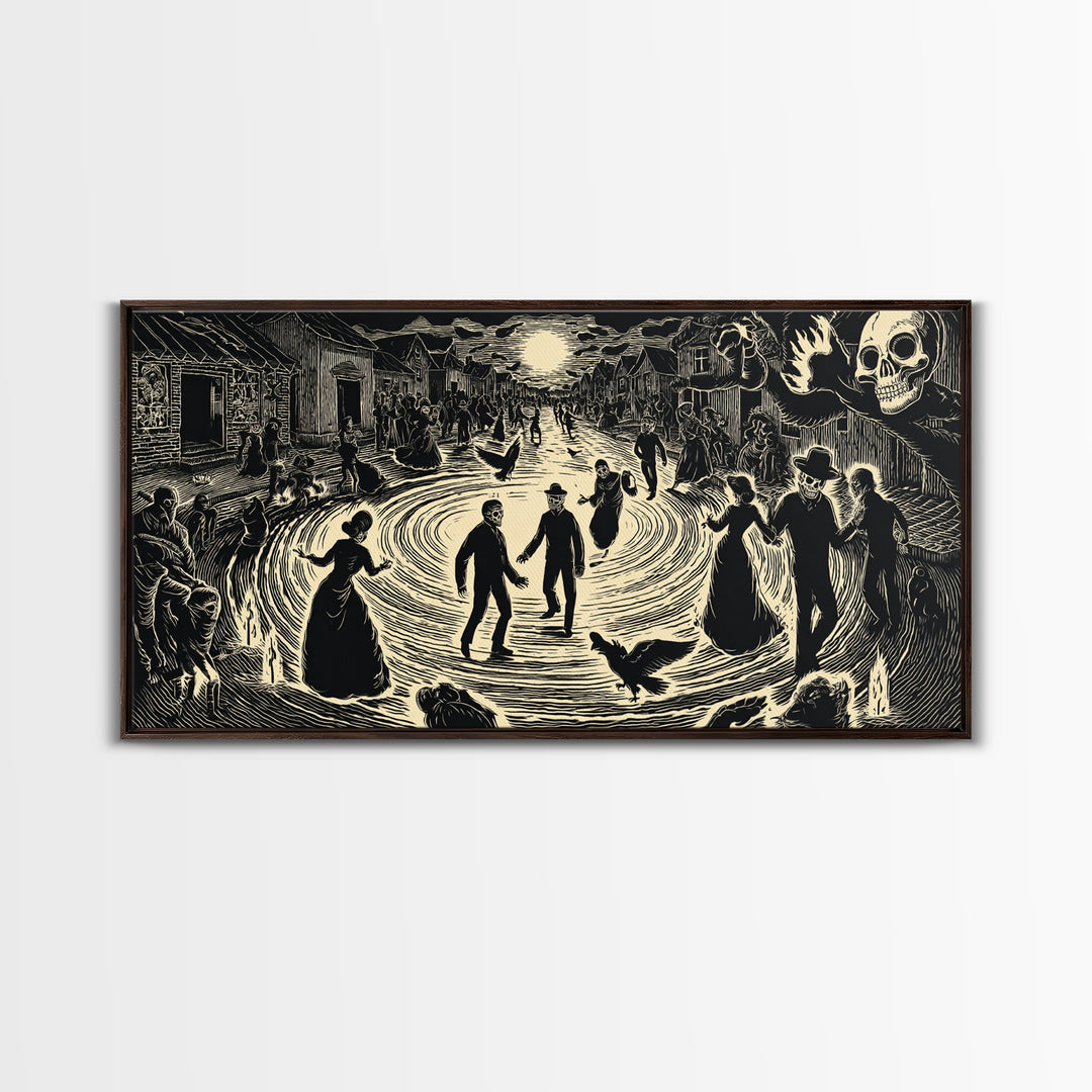 The Town Where Shadows Live, Macabre Folk Print Art, Wide Panoramic Art, Dark Fantasy Wall Art, Canvas Print, Halloween Wall Art