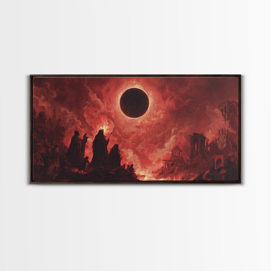 The Eclipse Summoning, Apocalyptic Romantic Art, Wide Panoramic Art, Dark Fantasy Wall Art, Framed Canvas Print, Halloween Wall Art