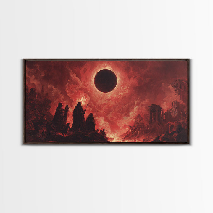 The Eclipse Summoning, Apocalyptic Romantic Art, Wide Panoramic Art, Dark Fantasy Wall Art, Framed Canvas Print, Halloween Wall Art
