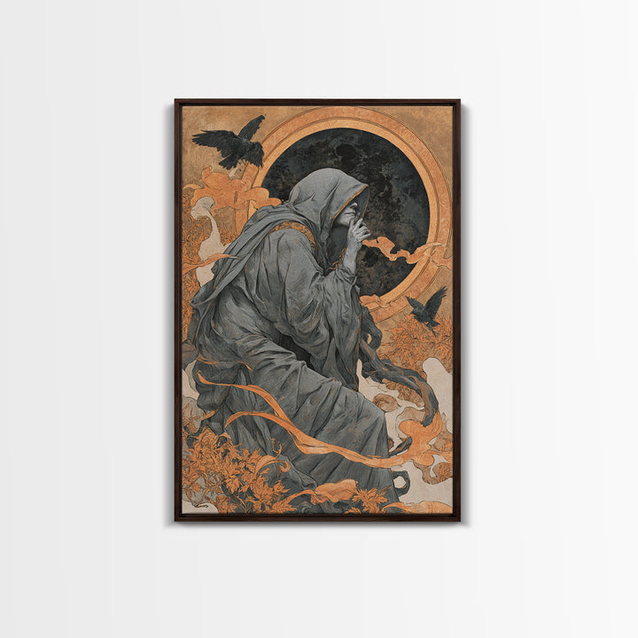 The Eclipse Summoning, Symbolist Death Art, Vertical Wall Art, Dark Fantasy Wall Art, Framed Canvas Print, Halloween Wall Art