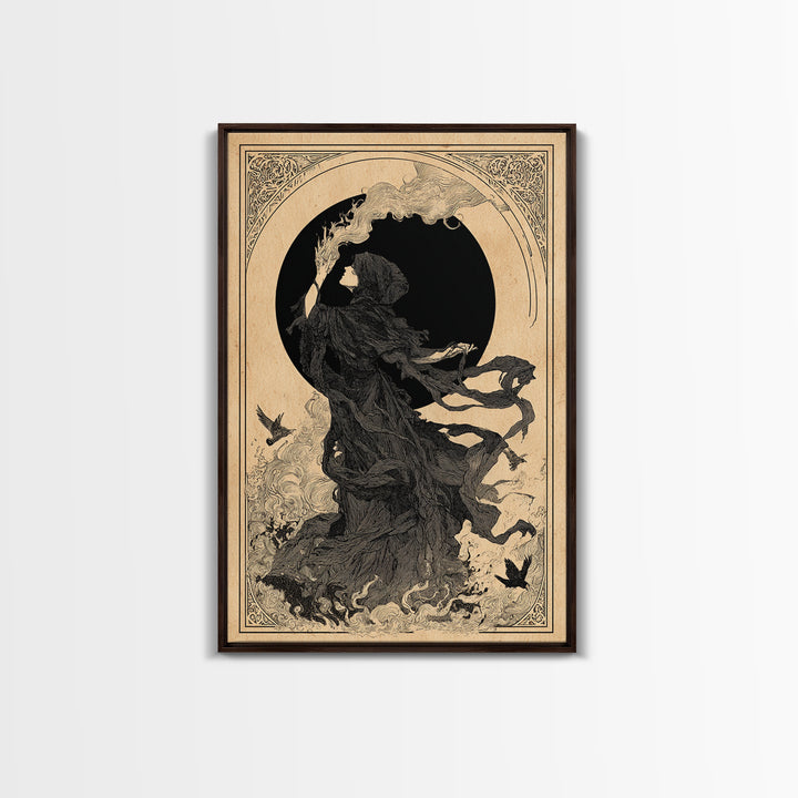 The Eclipse Summoning, Decadent Line Art, Vertical Wall Art, Macabre Wall Art, Framed Canvas Print, Halloween Wall Art