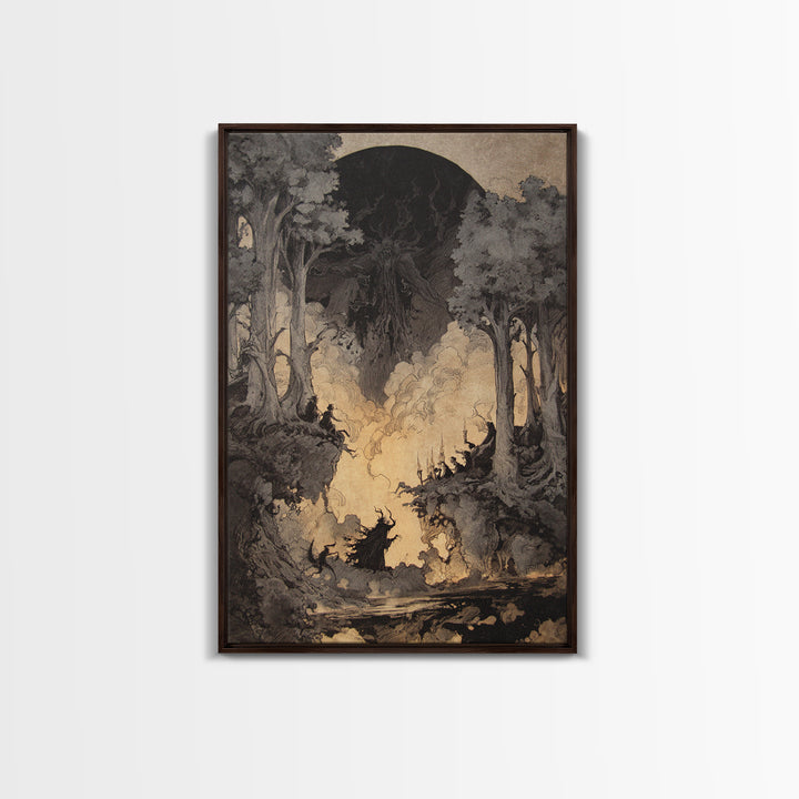 The Eclipse Summoning, Gothic Storybook Art, Vertical Wall Art, Dark Halloween Decor, Framed Canvas Print, Halloween Wall Art