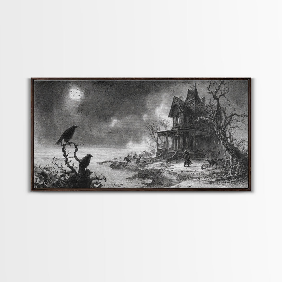 The Last House At The World'S Edge, Expressionist Nightmare Art, Wide Panoramic Art, Dark Halloween Decor, Framed Canvas Print