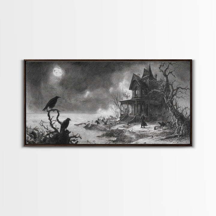 The Last House At The World'S Edge, Expressionist Nightmare Art, Wide Panoramic Art, Dark Halloween Decor, Framed Canvas Print
