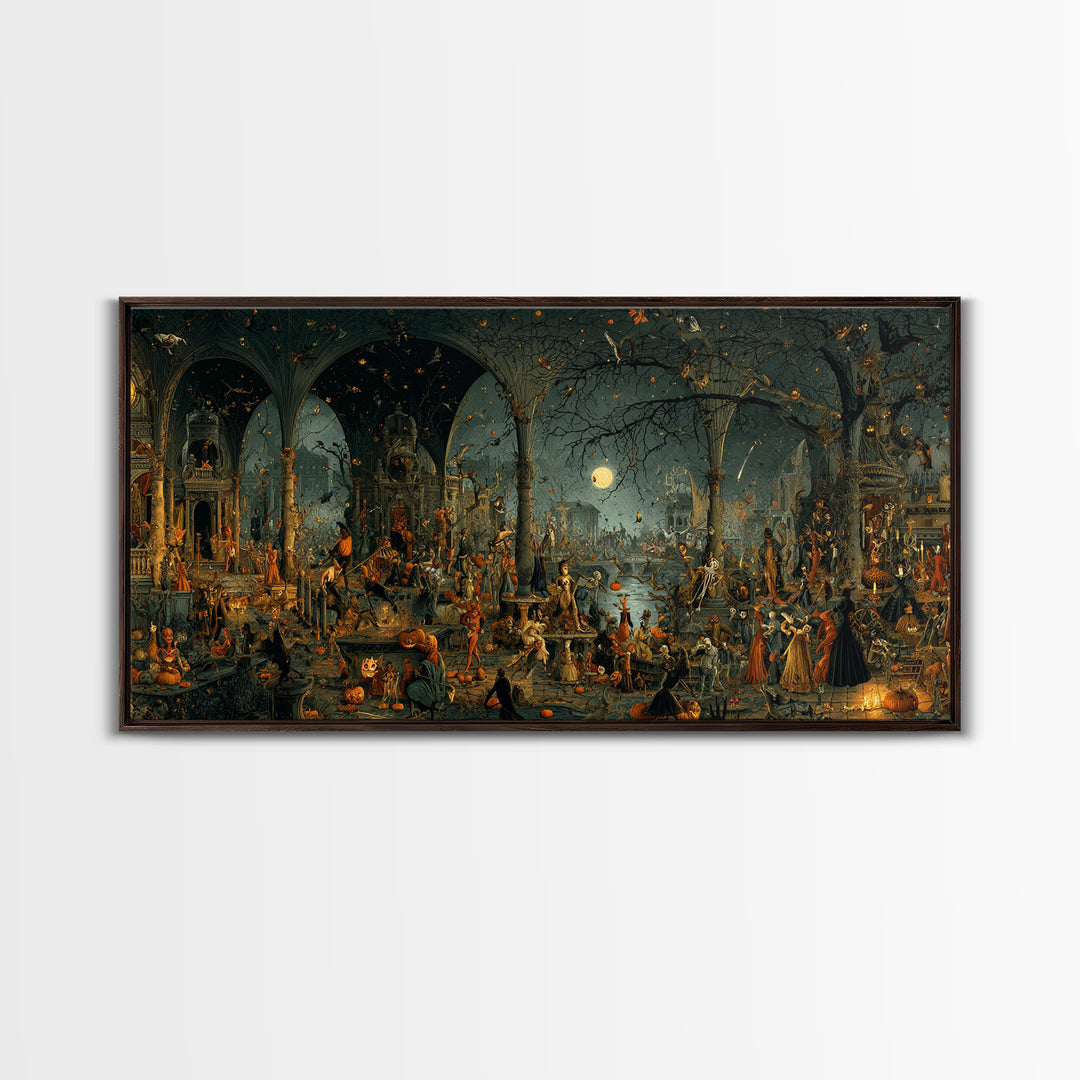 Halloween On Another Planet, Medieval Grotesque Art, Wide Panoramic Art, Gothic Horror Wall Art, Framed Canvas Print