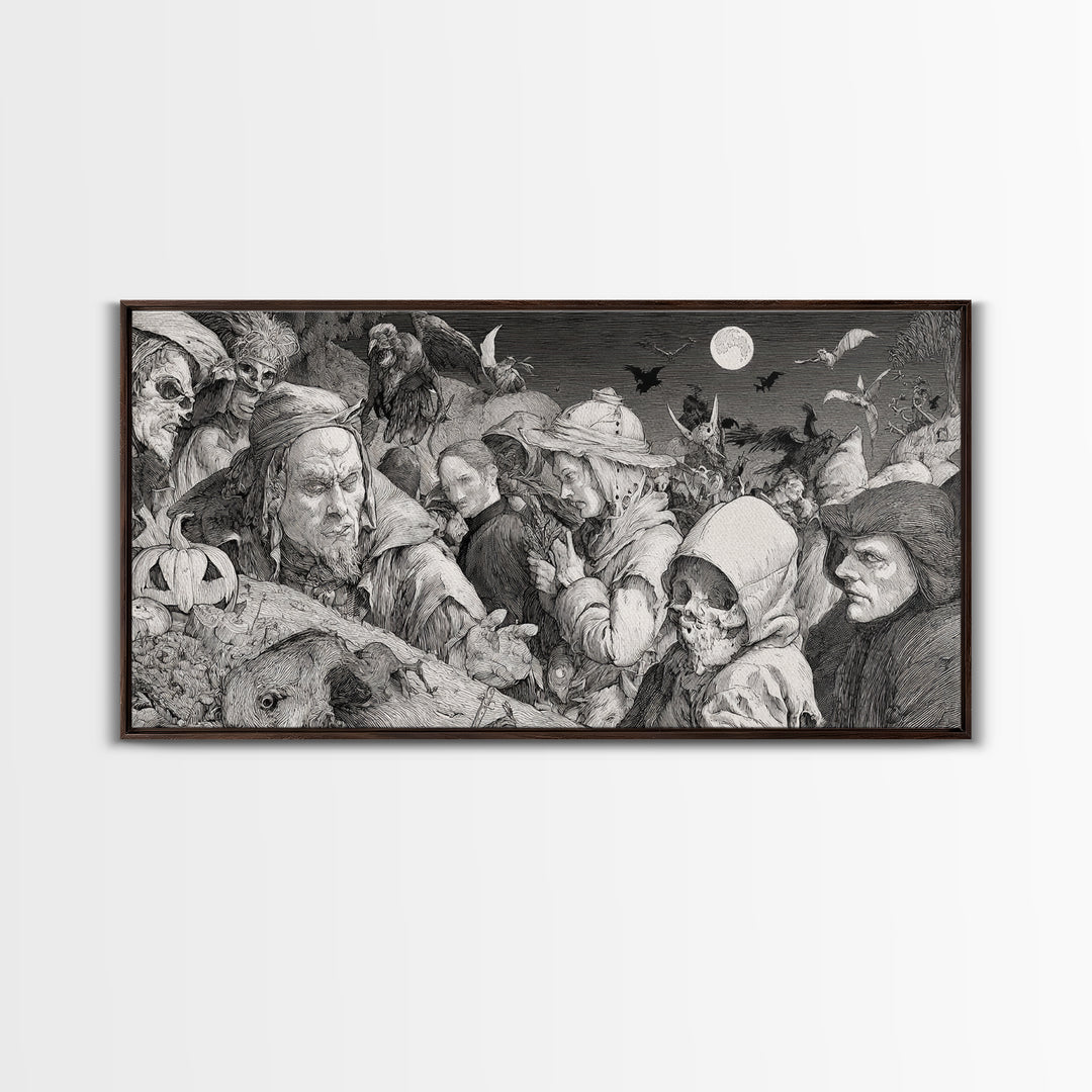 Halloween On Another Planet, Renaissance Engraving Art, Wide Panoramic Art, Dark Fantasy Wall Art, Framed Canvas Print, Halloween Wall Art