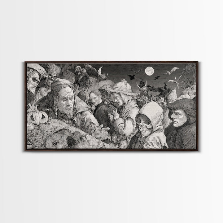 Halloween On Another Planet, Renaissance Engraving Art, Wide Panoramic Art, Dark Fantasy Wall Art, Framed Canvas Print, Halloween Wall Art