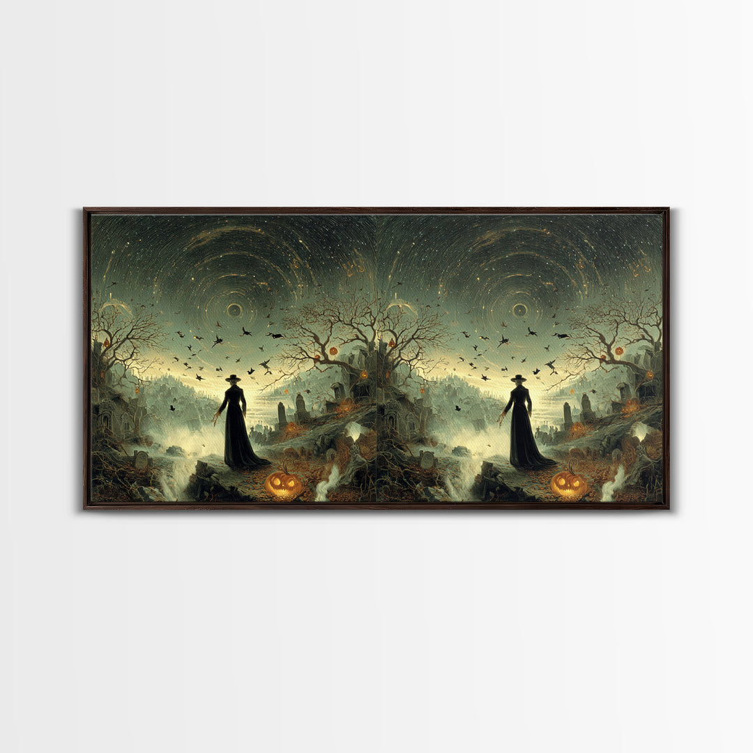 Halloween On Another Planet, Romantic Gothic Landscape, Wide Panoramic Art, Dark Fantasy Wall Art, Framed Canvas Print