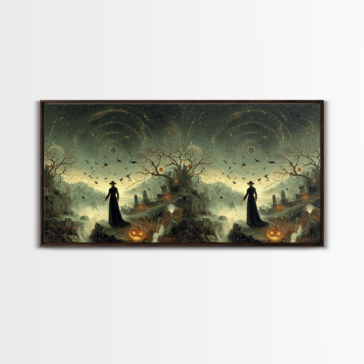 Halloween On Another Planet, Romantic Gothic Landscape, Wide Panoramic Art, Dark Fantasy Wall Art, Framed Canvas Print