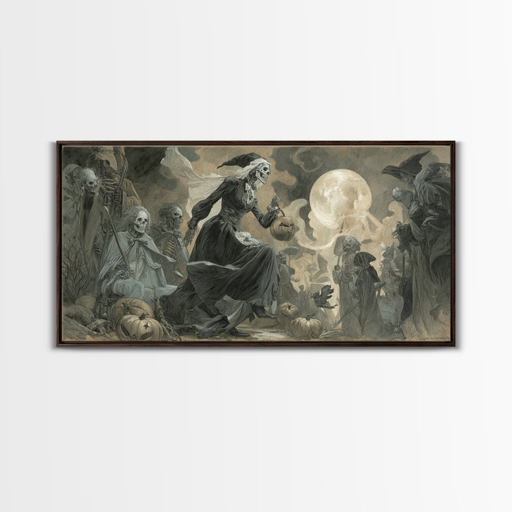 Halloween On Another Planet, Decadent Gothic Art, Wide Panoramic Art, Macabre Wall Art, Framed Canvas Print, Halloween Wall Art