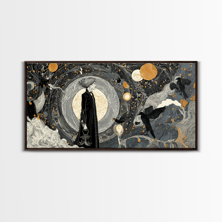 Halloween On Another Planet, Decadent Line Art, Wide Panoramic Art, Gothic Horror Wall Art, Canvas Print, Halloween Wall Art