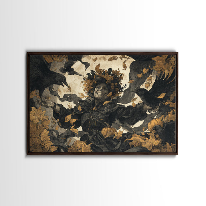 The Personification Of October, Macabre Folk Print Art, Landscape Wall Art, Dark Halloween Decor, Framed Canvas Print