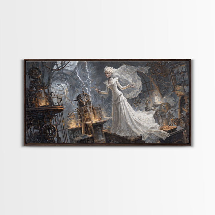 The Stitched Bride Of Thunder Hall, Apocalyptic Romantic Art, Wide Panoramic Art, Dark Fantasy Wall Art, Framed Canvas Print