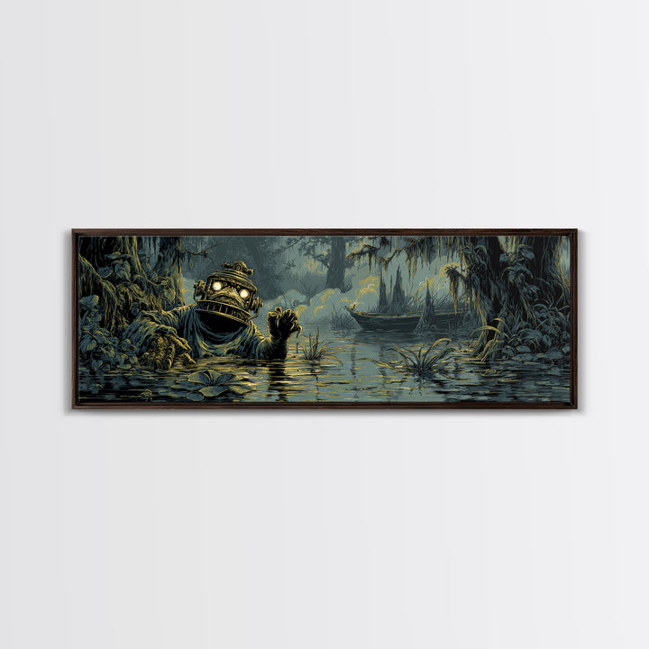 The Creature Of Lantern Lagoon, Gothic Engraving Art, Extra Wide Wall Art, Dark Halloween Decor, Framed Canvas Print