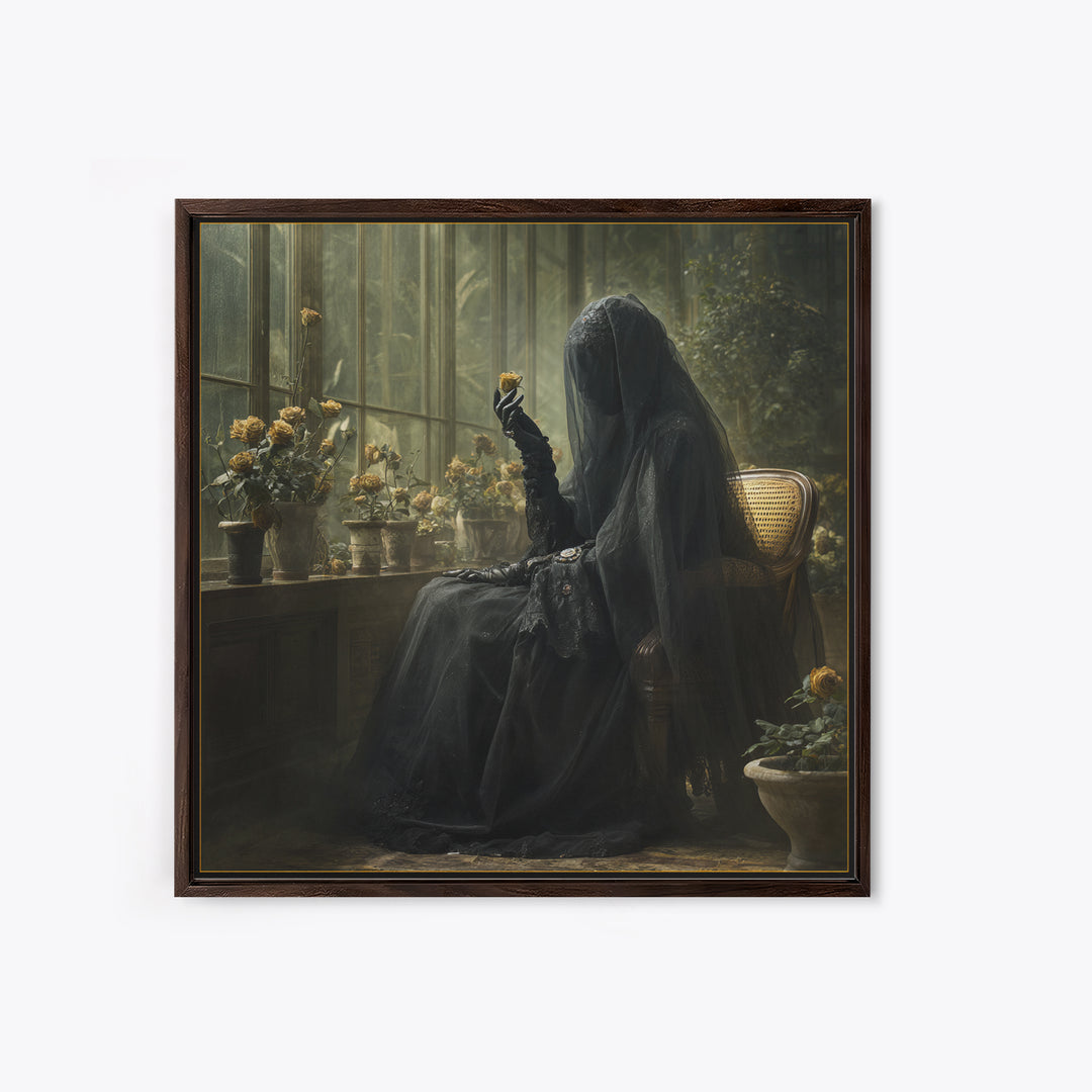 The Invisible Mourner Of Glass House, Gothic Engraving Art, Square Wall Art, Macabre Wall Art, Canvas Print, Halloween Wall Art