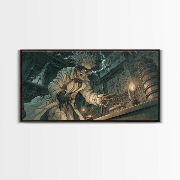 Doctor Vesper'S Resurrection Engine, Expressionist Nightmare Art, Wide Panoramic Art, Gothic Horror Wall Art, Framed Canvas Print