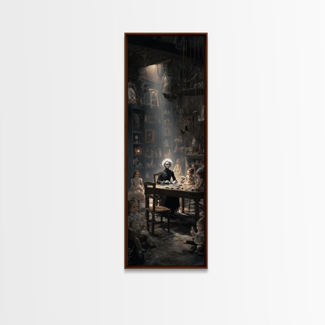The Dollmaker Of Hollow Ward, Gothic Engraving Art, Tall Narrow Wall Art, Macabre Wall Art, Framed Canvas Print, Halloween Wall Art