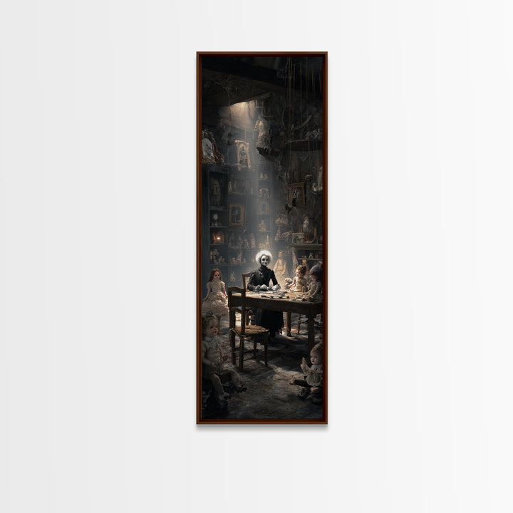The Dollmaker Of Hollow Ward, Gothic Engraving Art, Tall Narrow Wall Art, Macabre Wall Art, Framed Canvas Print, Halloween Wall Art