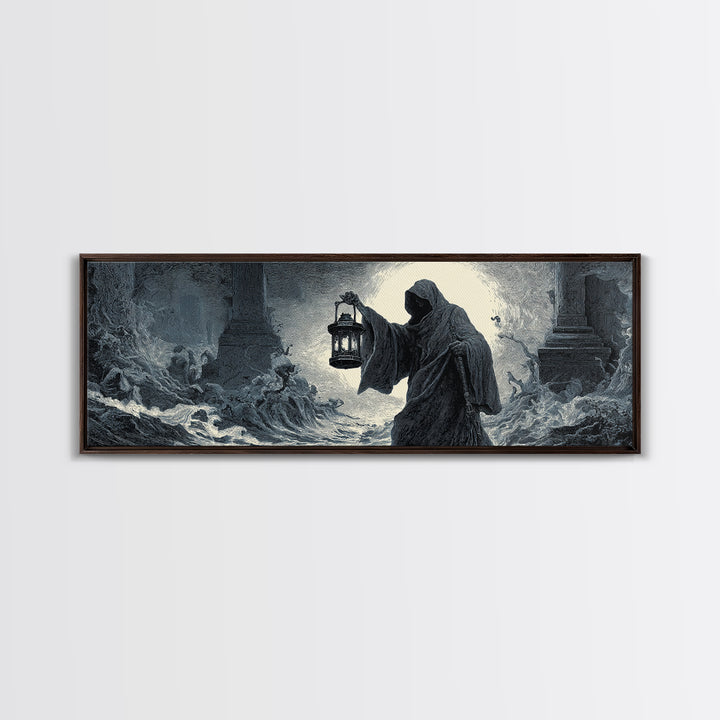 The Lantern-Bearer Of R’Lyeh, Gothic Engraving Art, Extra Wide Wall Art, Dark Fantasy Wall Art, Canvas Print, Halloween Wall Art