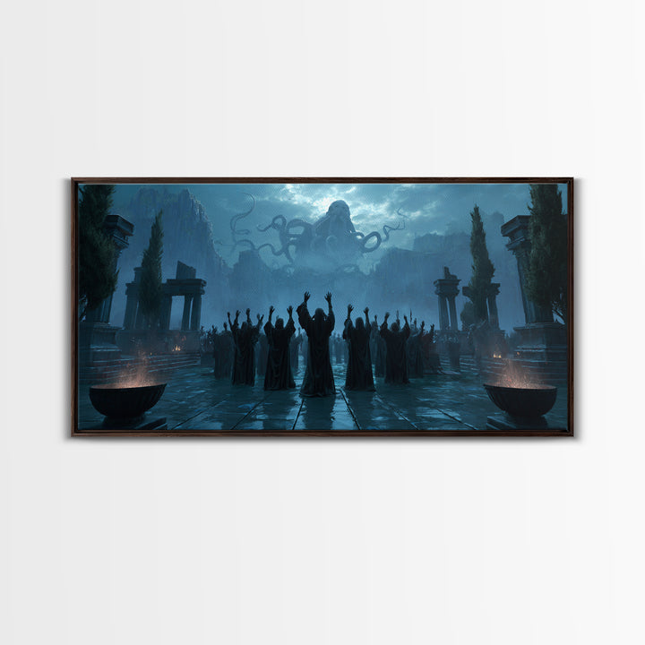 The Choir Of Deepwater Acolytes, Symbolist Gothic Landscape, Wide Panoramic Art, Macabre Wall Art, Canvas Print, Halloween Wall Art