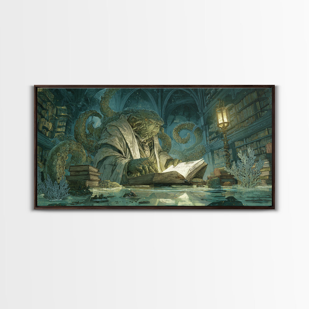 The Librarian Of Forbidden Tides, Expressionist Nightmare Art, Wide Panoramic Art, Macabre Wall Art, Canvas Print, Halloween Wall Art