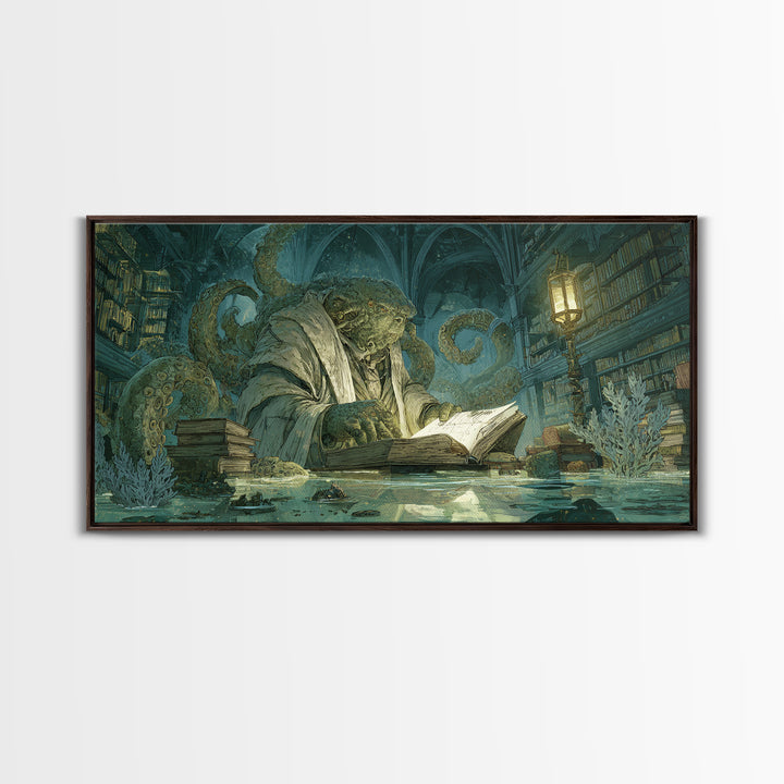 The Librarian Of Forbidden Tides, Expressionist Nightmare Art, Wide Panoramic Art, Macabre Wall Art, Canvas Print, Halloween Wall Art