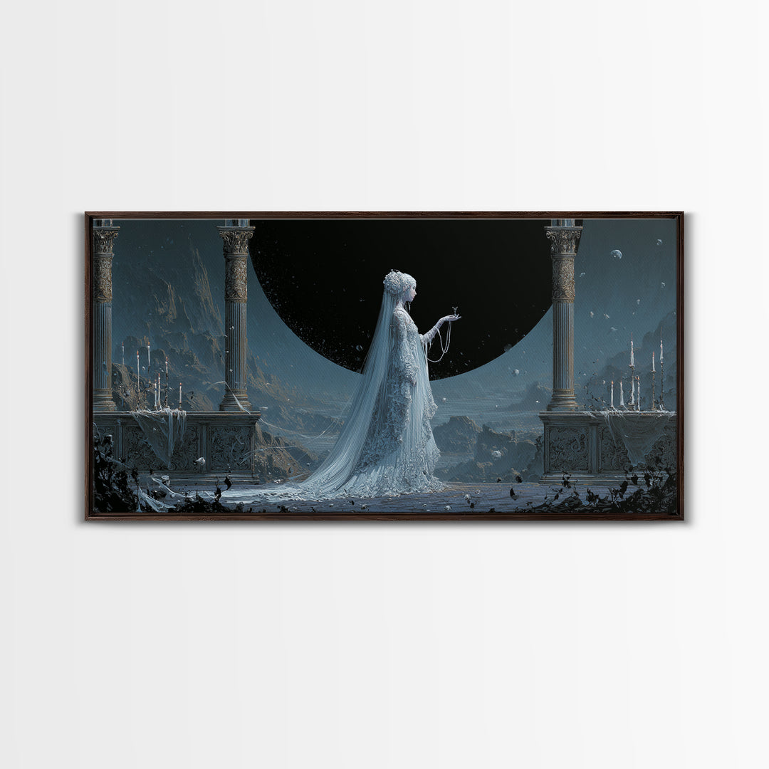 The Bride Of The Abyssal Moon, Apocalyptic Romantic Art, Wide Panoramic Art, Cosmic Horror Art, Canvas Print, Halloween Wall Art