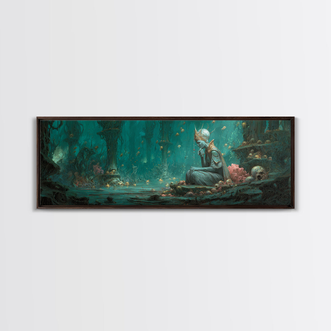The Watcher In The Coral Throne, Gothic Storybook Art, Extra Wide Wall Art, Gothic Horror Wall Art, Canvas Print, Halloween Wall Art