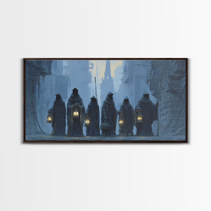 The Innsmouth Lantern Procession, Gothic Engraving Art, Wide Panoramic Art, Gothic Horror Wall Art, Canvas Print, Halloween Wall Art