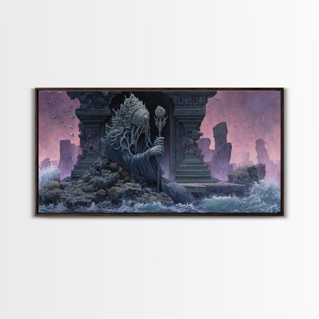 The Keeper Of The Black Reef Key, Symbolist Gothic Landscape, Wide Panoramic Art, Dark Fantasy Wall Art, Canvas Print, Halloween Wall Art