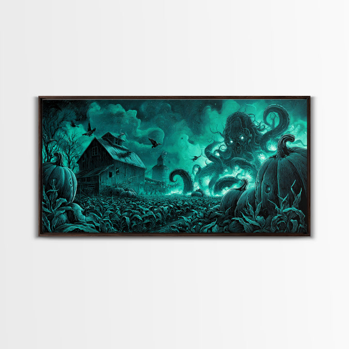The Harvest Of The Eldritch Field, Biomechanical Horror Art, Wide Panoramic Art, Eldritch Wall Decor, Framed Canvas Print