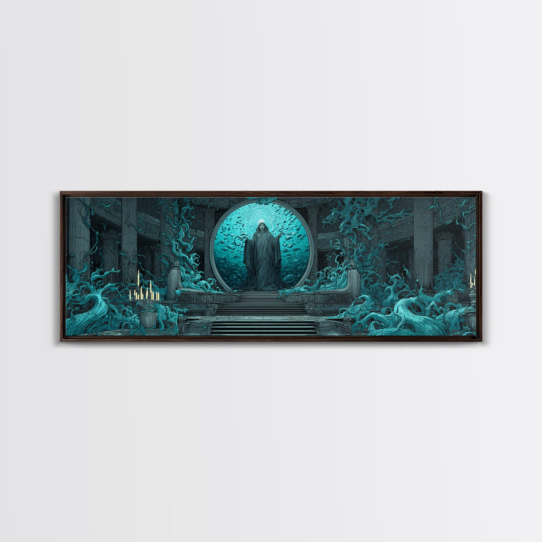The Oracle Of The Glass Depths, Gothic Storybook Art, Extra Wide Wall Art, Eldritch Wall Decor, Framed Canvas Print, Horror Wall Art
