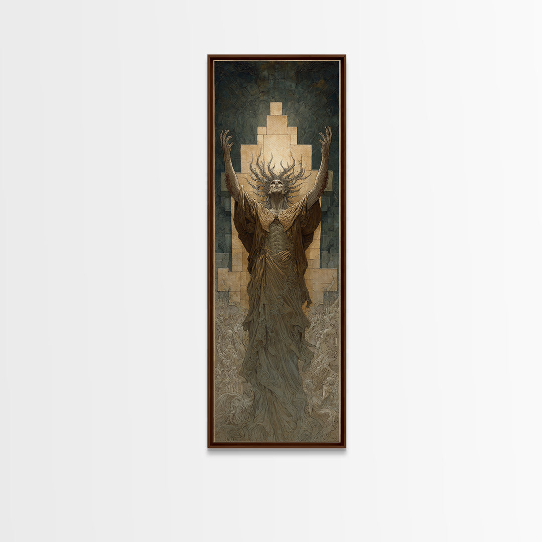 The Crown Of The Tentacled Saint, Gothic Engraving Art, Tall Narrow Wall Art, Eldritch Wall Decor, Framed Canvas Print