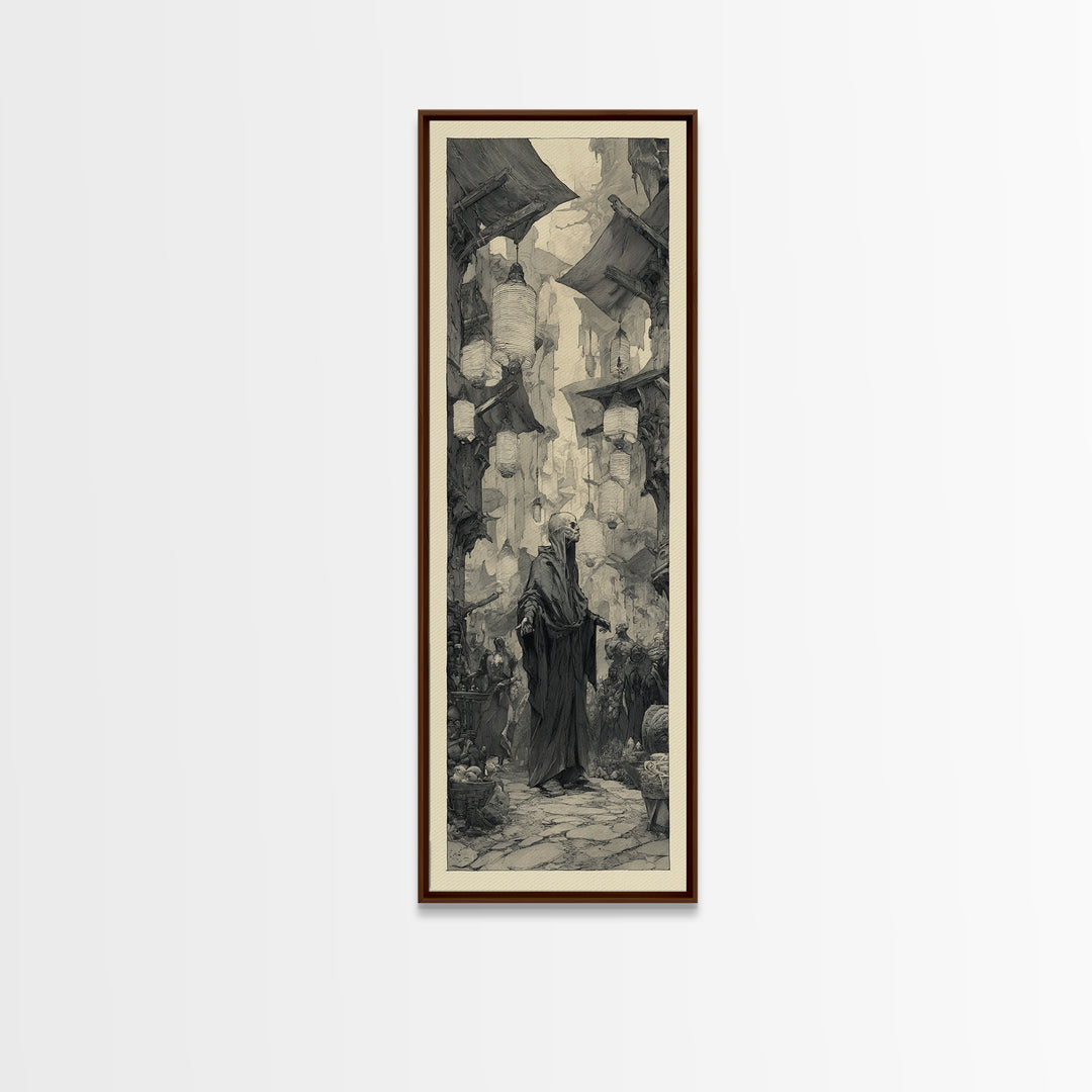 The Lantern Market Beyond The Veil, Expressionist Nightmare Art, Tall Narrow Wall Art, Dark Halloween Decor, Framed Canvas Print