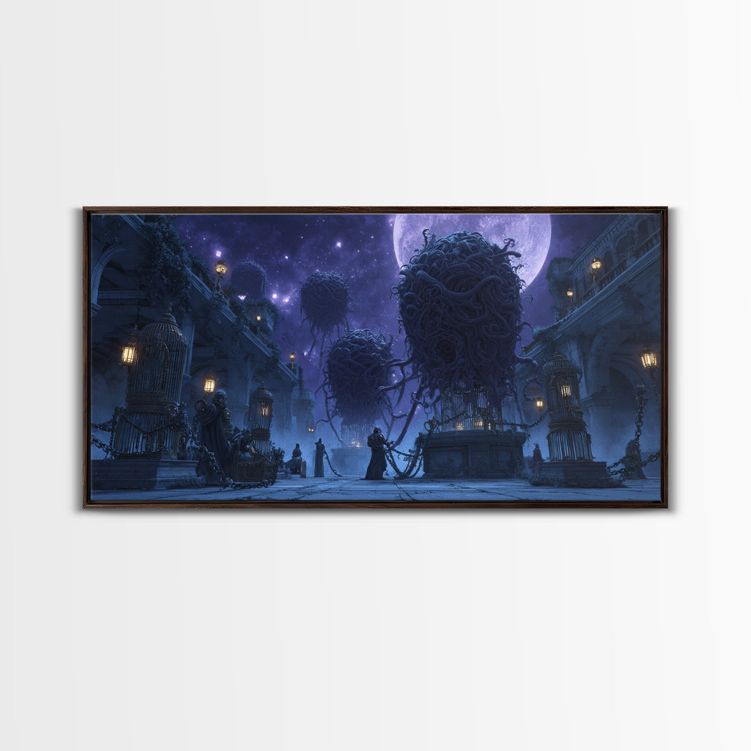 The Moonlit Shoggoth Menagerie, Apocalyptic Romantic Art, Wide Panoramic Art, Lovecraftian Horror Art, Framed Canvas Print, Horror Wall Art