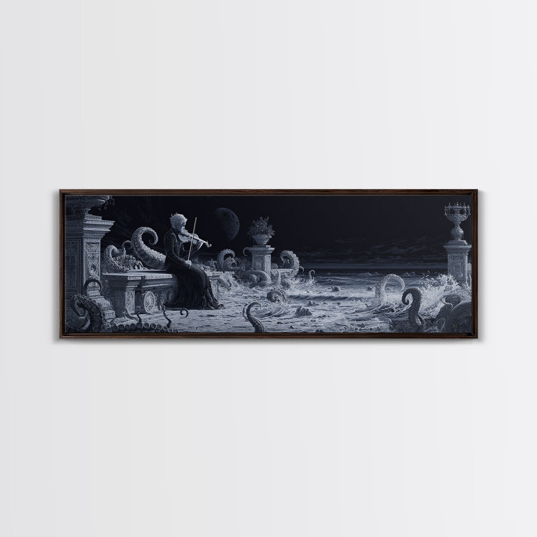 The Violinist Of The Drowned Moon, Biomechanical Horror Art, Extra Wide Wall Art, Cosmic Horror Art, Canvas Print, Halloween Wall Art