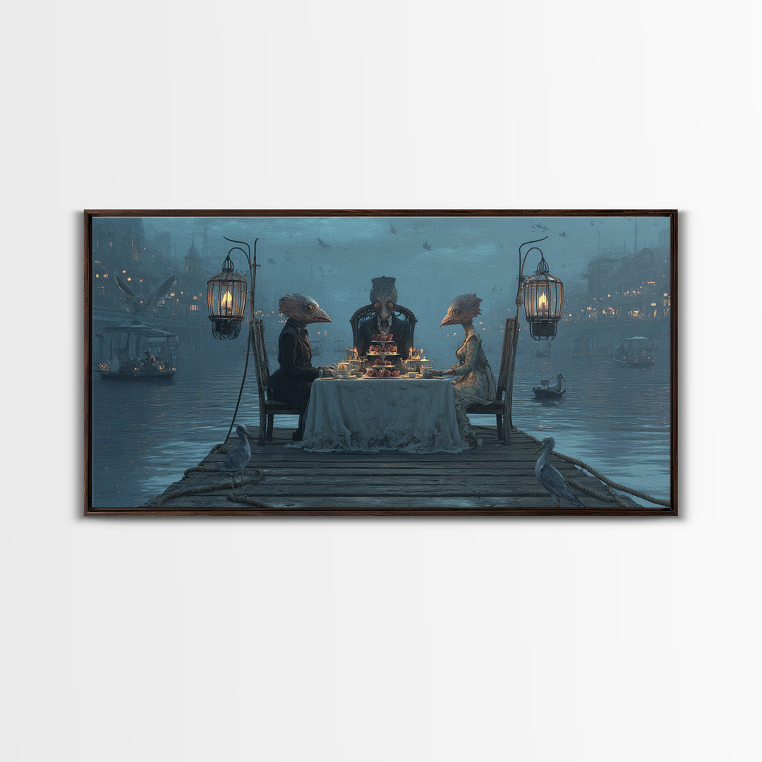 The Tea Party At Innsmouth Pier, Grotesque Carnival Art, Wide Panoramic Art, Dark Fantasy Wall Art, Canvas Print, Halloween Wall Art