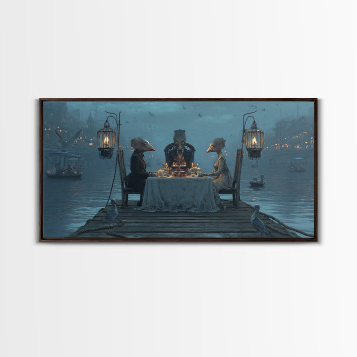 The Tea Party At Innsmouth Pier, Grotesque Carnival Art, Wide Panoramic Art, Dark Fantasy Wall Art, Canvas Print, Halloween Wall Art