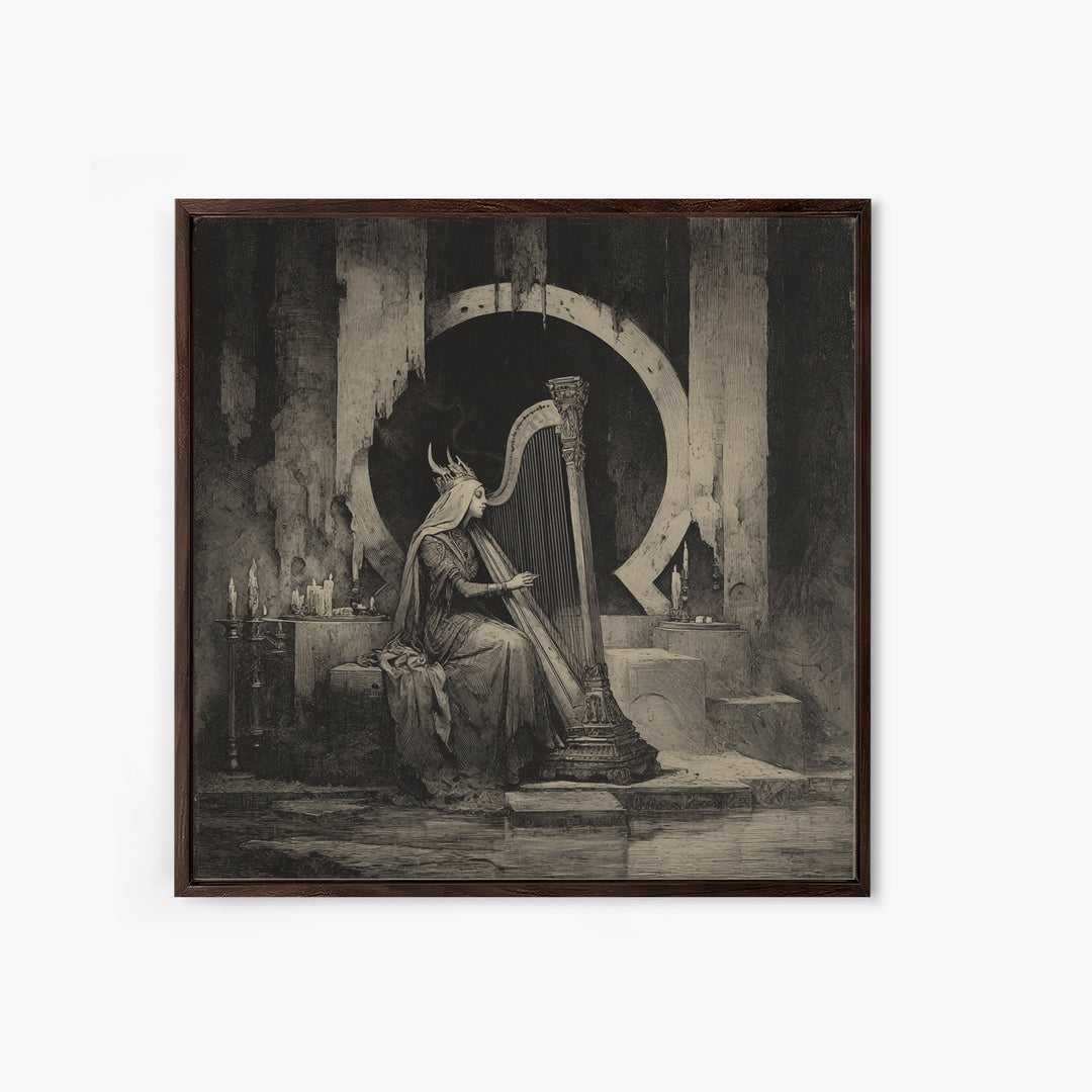 The Harpist Of Abyssal Sleep, Symbolist Dream Art, Square Wall Art, Dark Halloween Decor, Framed Canvas Print, Halloween Wall Art